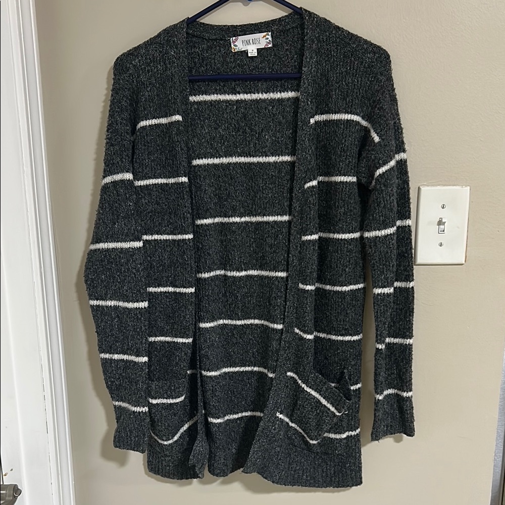 Pink Rose Charcoal and White Striped Cardigan